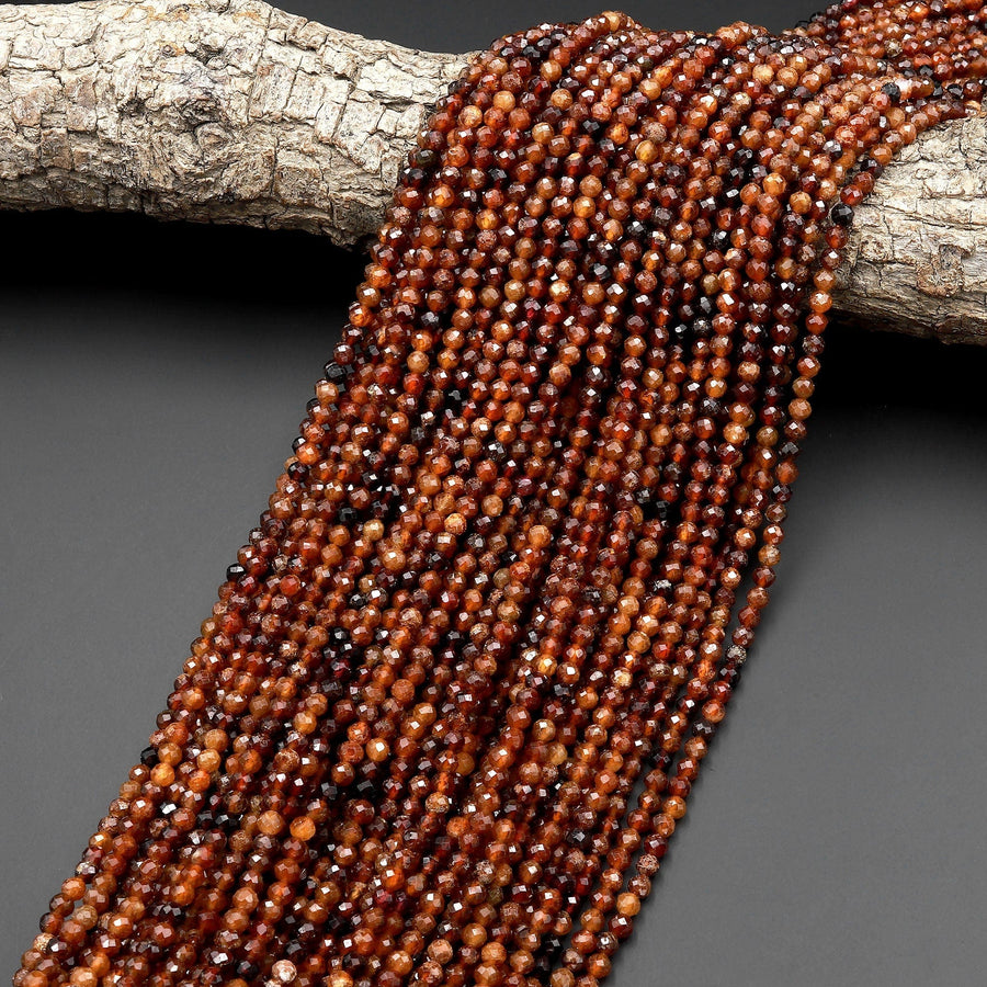 Natural Orange Brown Hessonite Garnet Faceted 3mm 4mm Round Beads Micro Faceted Diamond Cut Gemstone 15.5" Strand
