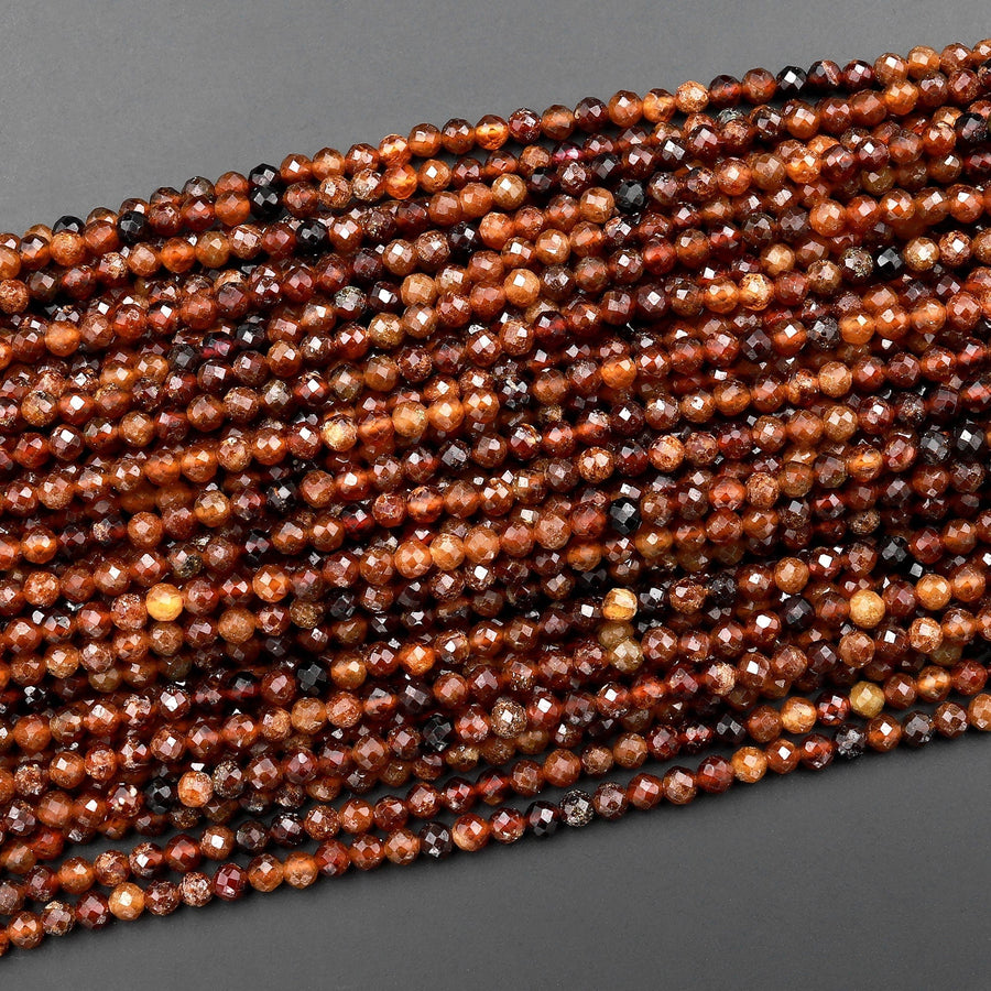 Natural Orange Brown Hessonite Garnet Faceted 3mm 4mm Round Beads Micro Faceted Diamond Cut Gemstone 15.5" Strand