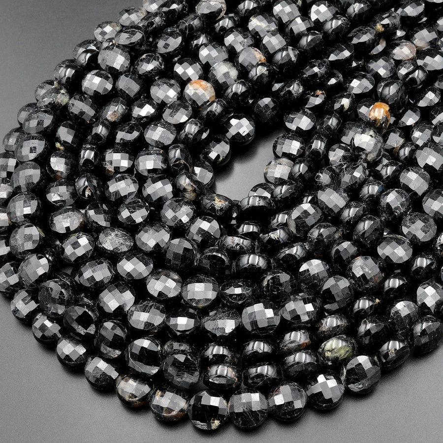 Natural Black Tourmaline Faceted 10mm Coin Beads Micro Faceted Laser Diamond Cut 15.5" Strand