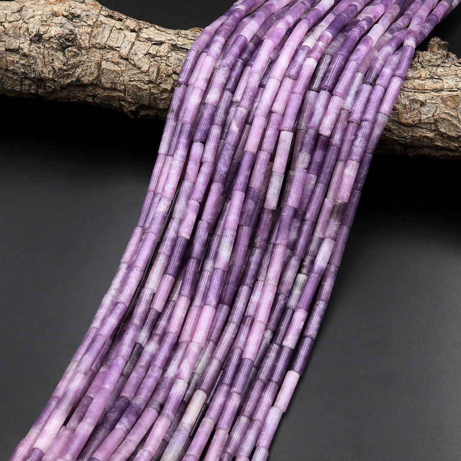 Natural Lilac Purple Lepidolite Thin Long Tube Beads 15.5" Strand