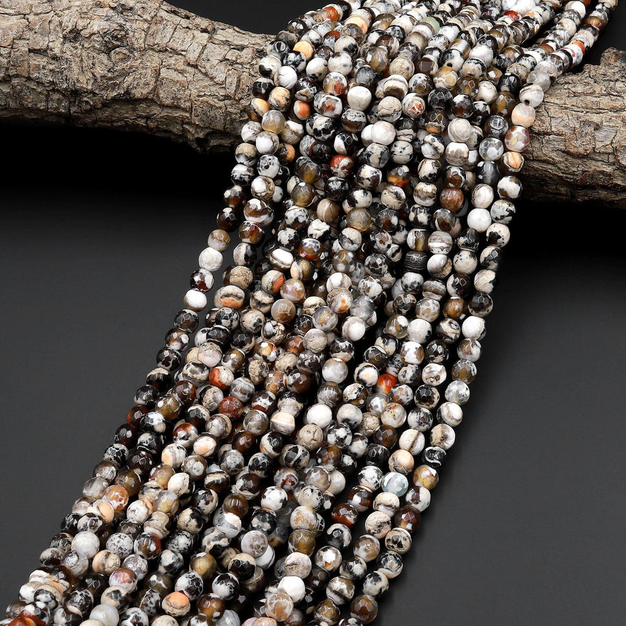 Faceted Tibetan Brown Fire Agate 6mm Round Beads 15" Strand