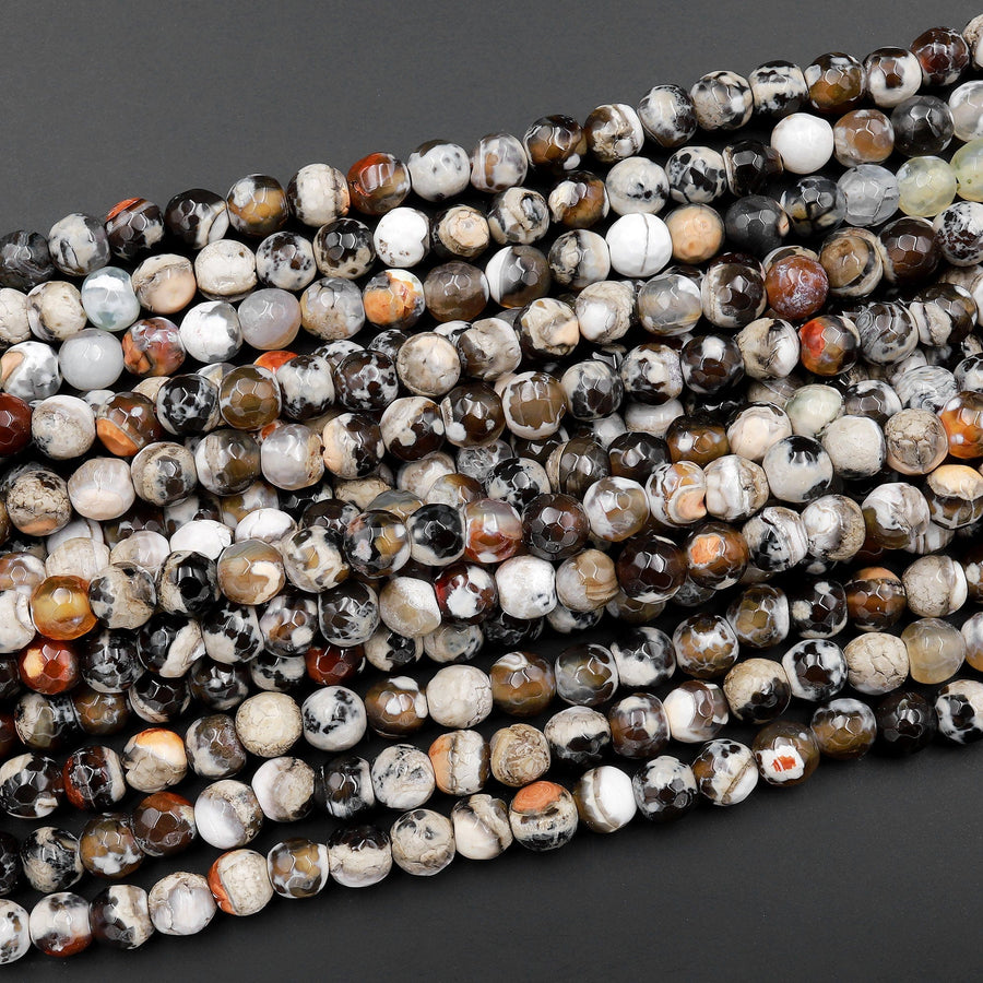 Faceted Tibetan Brown Fire Agate 6mm Round Beads 15" Strand