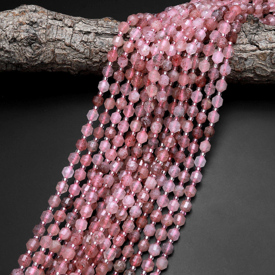 Natural Strawberry Quartz 6mm 7mm Beads Faceted Energy Prism Double Terminated Point Cut 15.5" Strand