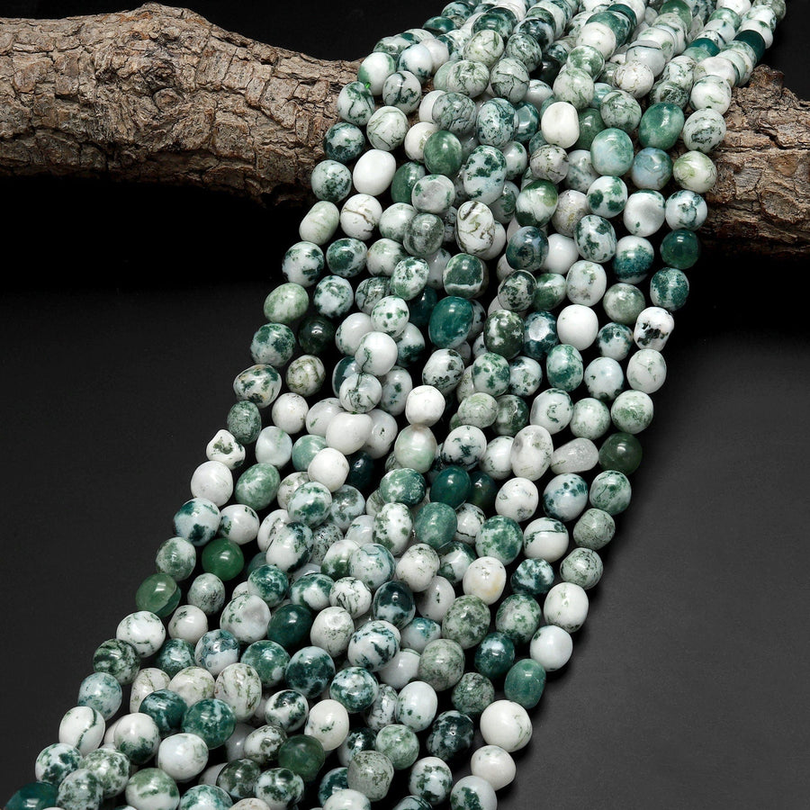 Natural Green Tree Agate Freeform Pebble Nugget Beads Gemstone 15.5" Strand