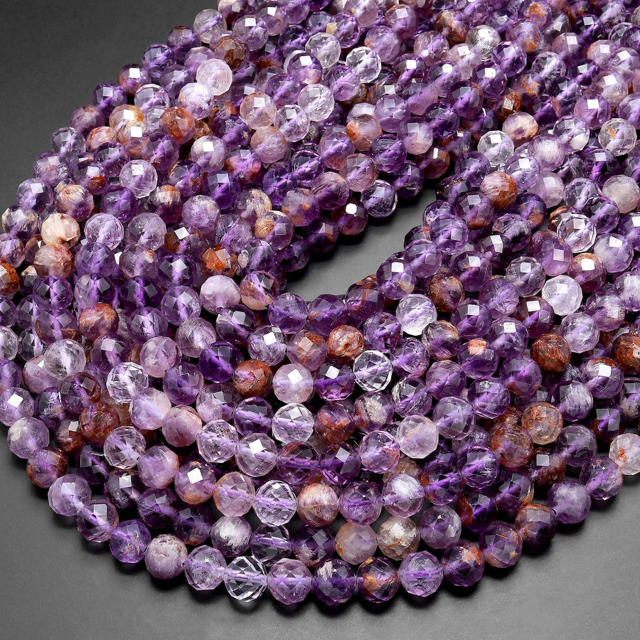 AAA Faceted Natural Super 7 Phantom Amethyst Cacoxenite 8mm Round Beads 15.5" Strand