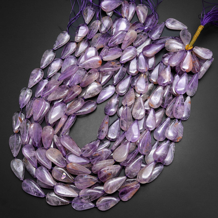 Natural Phantom Amethyst Cacoxenite Teardrop Gemstone Beads 15.5" Strand