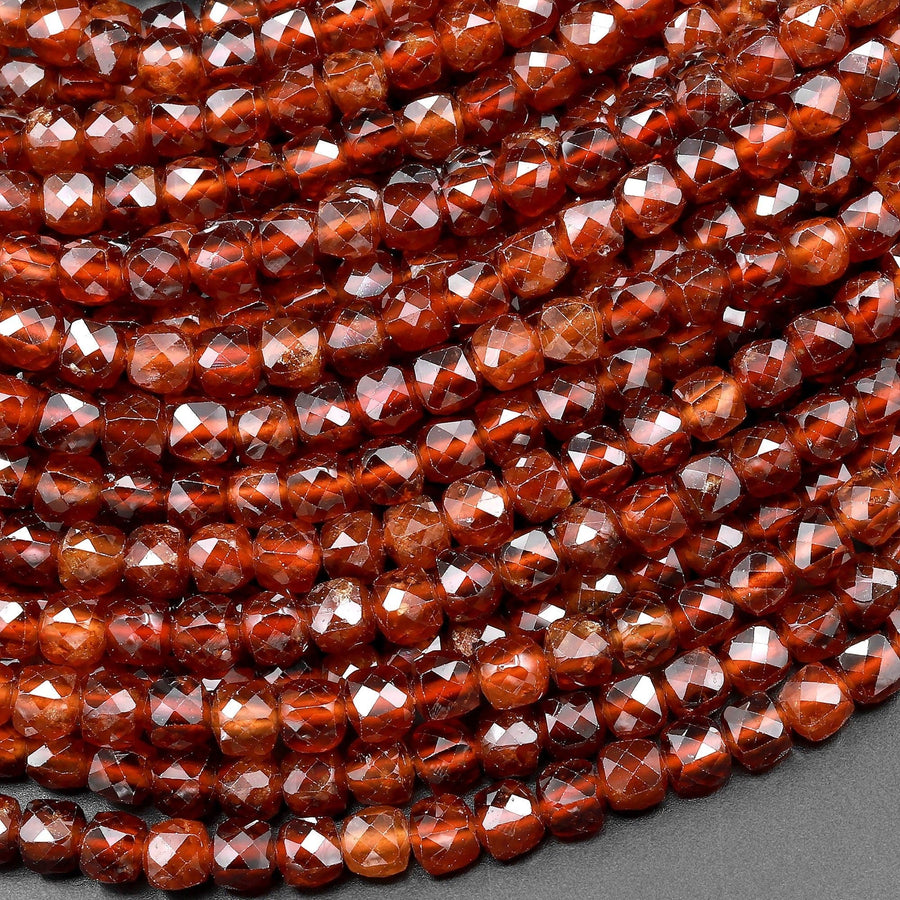 AAA Natural Orange Hessonite Garnet Faceted 4mm Cube Beads 15.5" Strand
