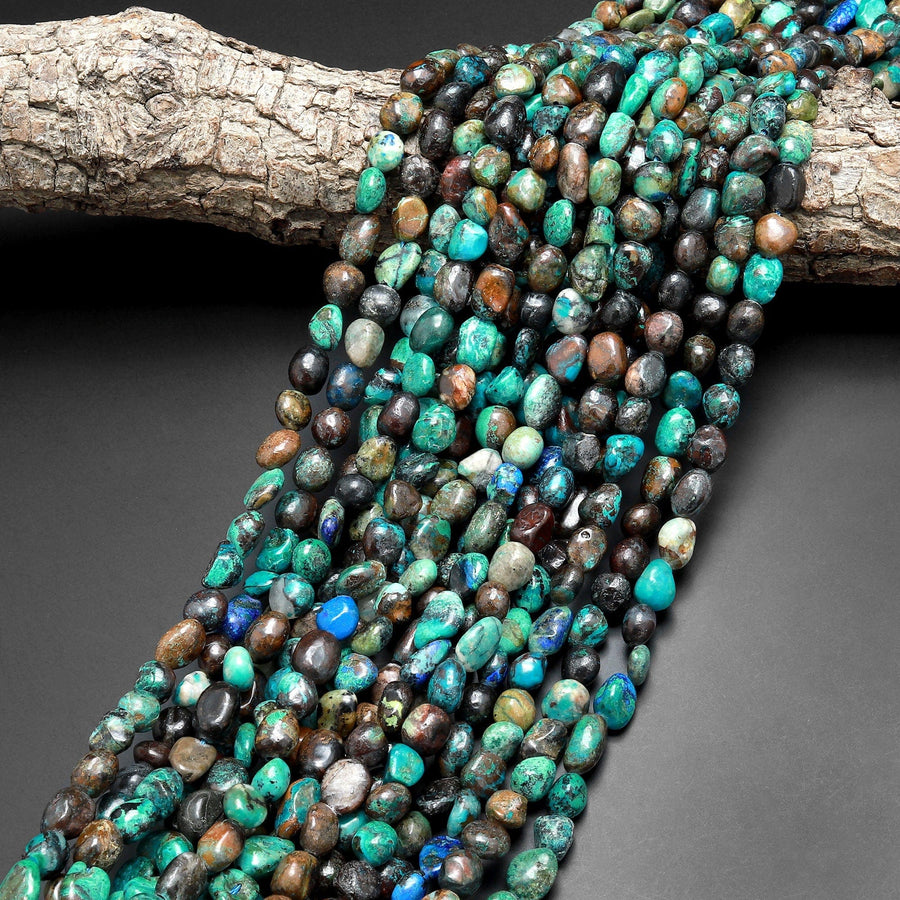 Natural Chrysocolla Azurite Freeform Oval Pebble Nugget Beads Gemstone From Arizona 15.5" Strand