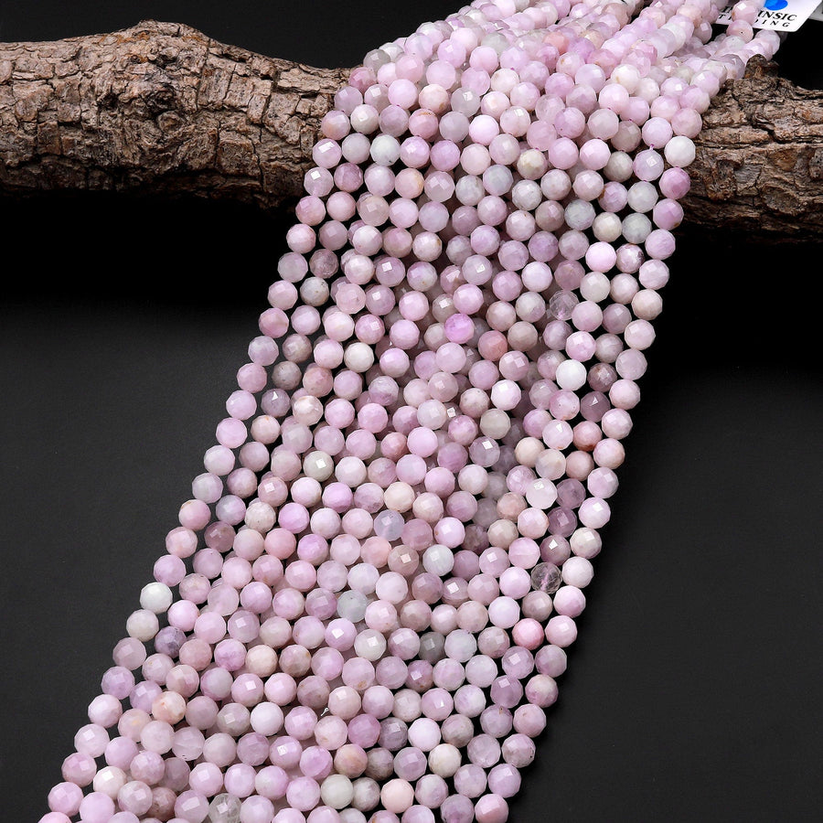 Natural Kunzite Faceted 5mm 6mm Round Beads Laser Diamond Cut Real Genuine Violet Purple Kunzite Gemstone 15.5" Strand