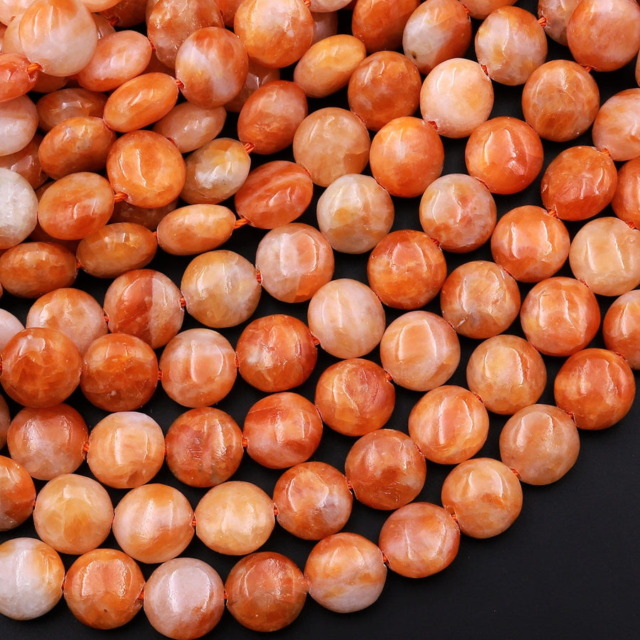Genuine Natural Orange Calcite Beads 10mm Smooth Coin Gemstone 15.5" Strand