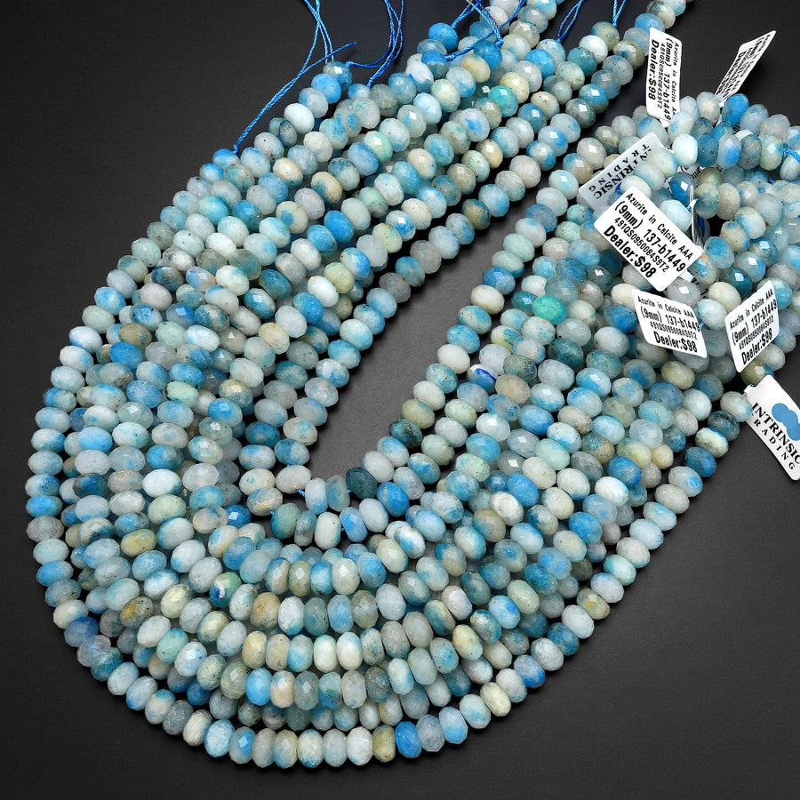 AAA Rare Faceted Blue Azurite In Calcite Beads 7mm 9mm Rondelle Beads from Pakistan Afghanistan Where K2 is Found 15.5" Strand