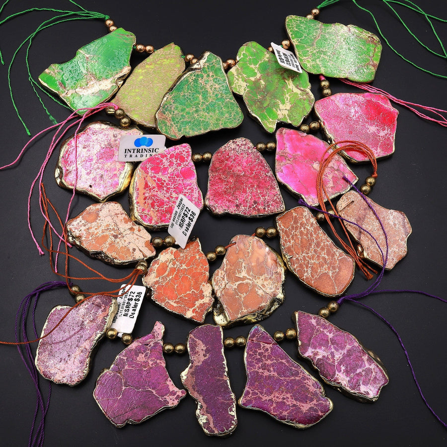 Large Gold Edging Sea Sediment Jasper Freeform Slice Slab Beads Aka Green Purple Pink Orange Imperial Jasper Snake Skin Jasper 8" Strand