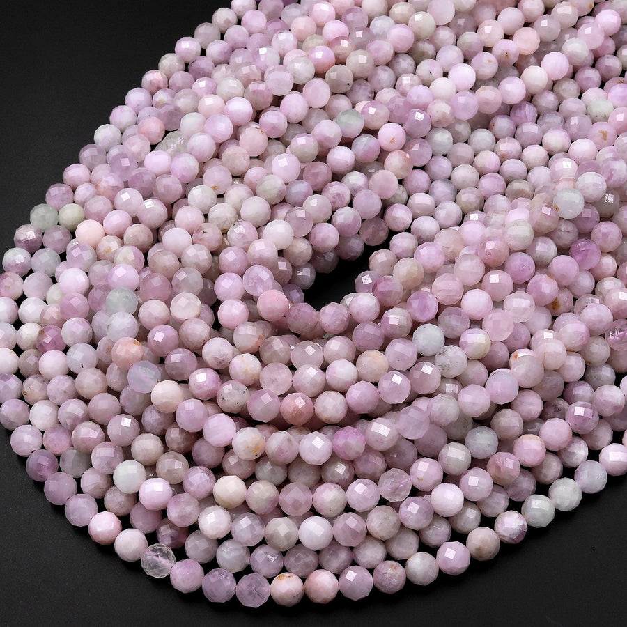 Natural Kunzite Faceted 5mm 6mm Round Beads Laser Diamond Cut Real Genuine Violet Purple Kunzite Gemstone 15.5" Strand