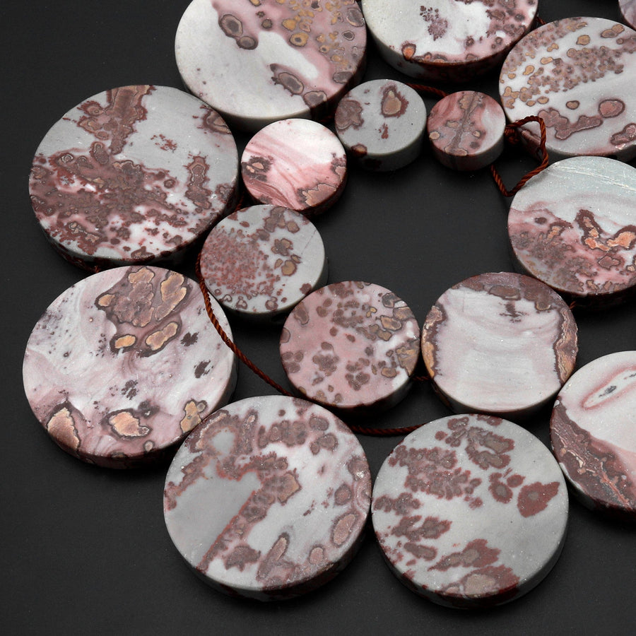 Graduating Natural Artistic Jasper Large Smooth Flat Coin Beads Aka Wild Horse Picture Jasper 18" Strand