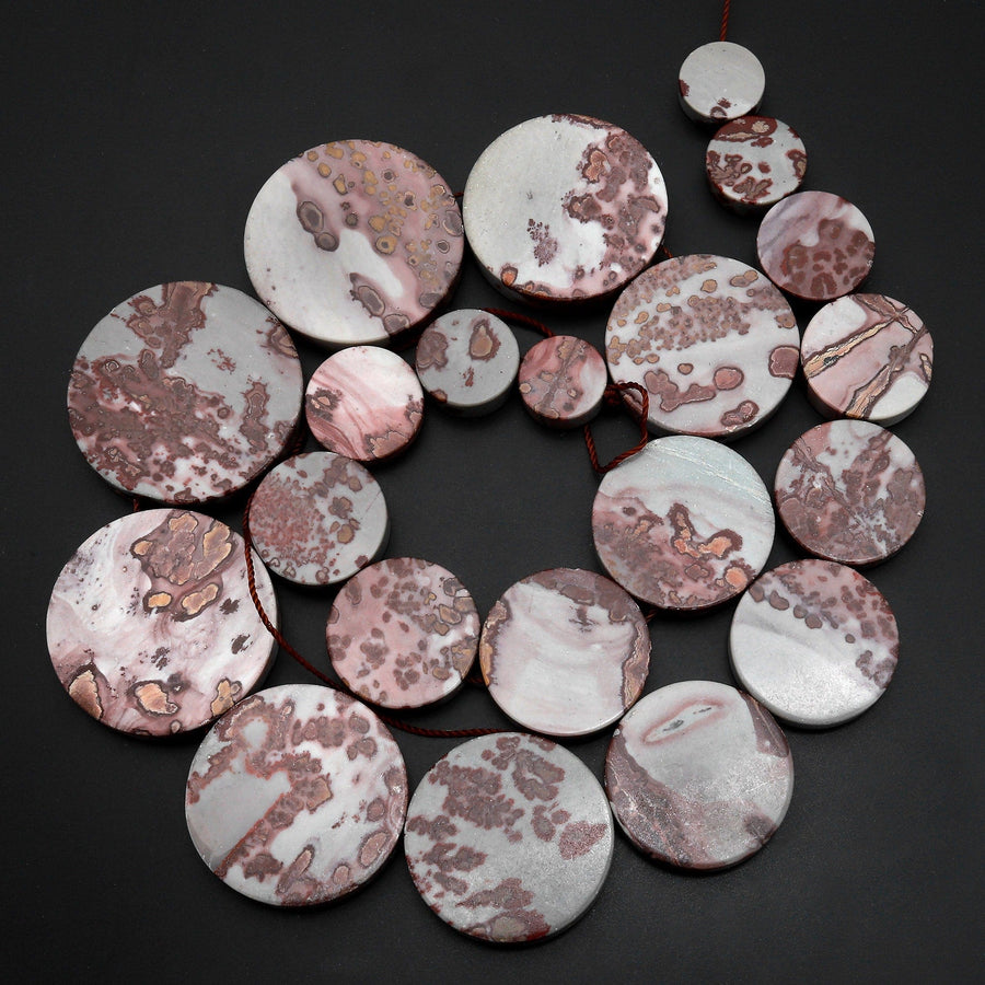 Graduating Natural Artistic Jasper Large Smooth Flat Coin Beads Aka Wild Horse Picture Jasper 18" Strand