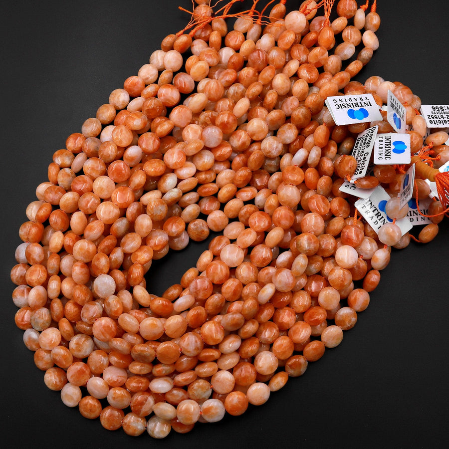 Genuine Natural Orange Calcite Beads 10mm Smooth Coin Gemstone 15.5" Strand