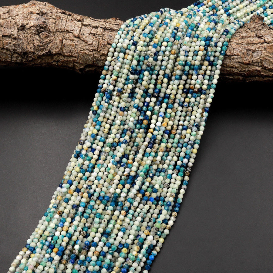 UV Reactive Faceted 3mm Natural Azurite Sodalite in Calcite Round Beads Gemstone 15.5" Strand