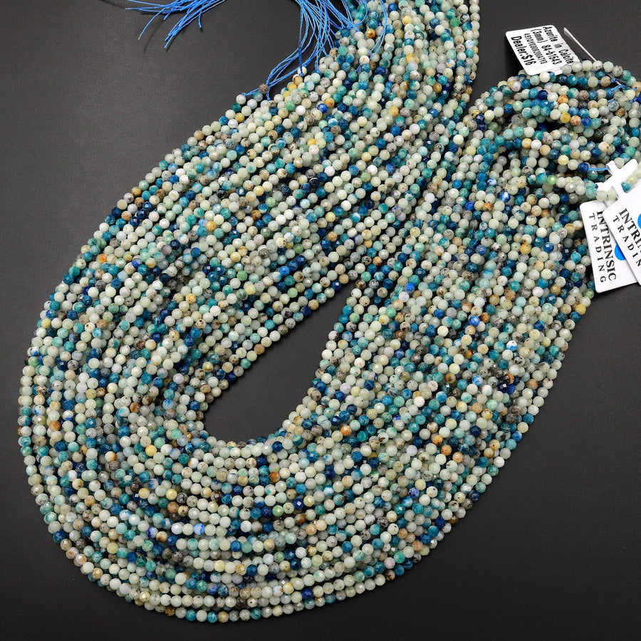 UV Reactive Faceted 3mm Natural Azurite Sodalite in Calcite Round Beads Gemstone 15.5" Strand