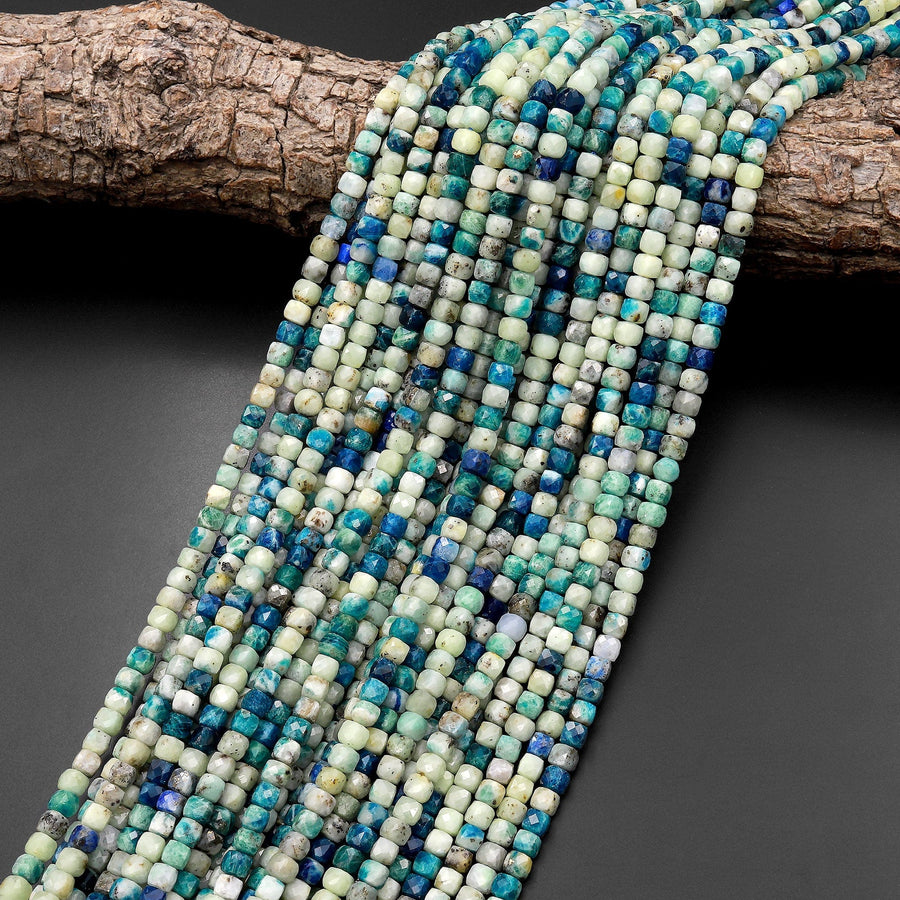 UV Reactive Faceted 4mm Natural Azurite Sodalite in Calcite Cube Beads Gemstone 15.5" Strand