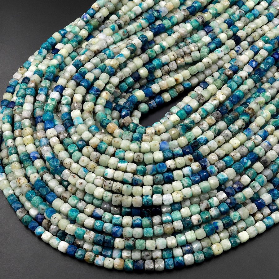 UV Reactive Faceted 4mm Natural Azurite Sodalite in Calcite Cube Beads Gemstone 15.5" Strand