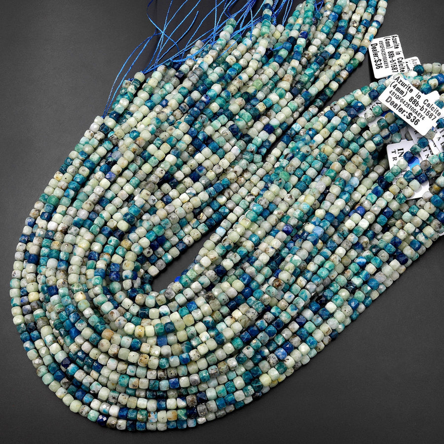UV Reactive Faceted 4mm Natural Azurite Sodalite in Calcite Cube Beads Gemstone 15.5" Strand