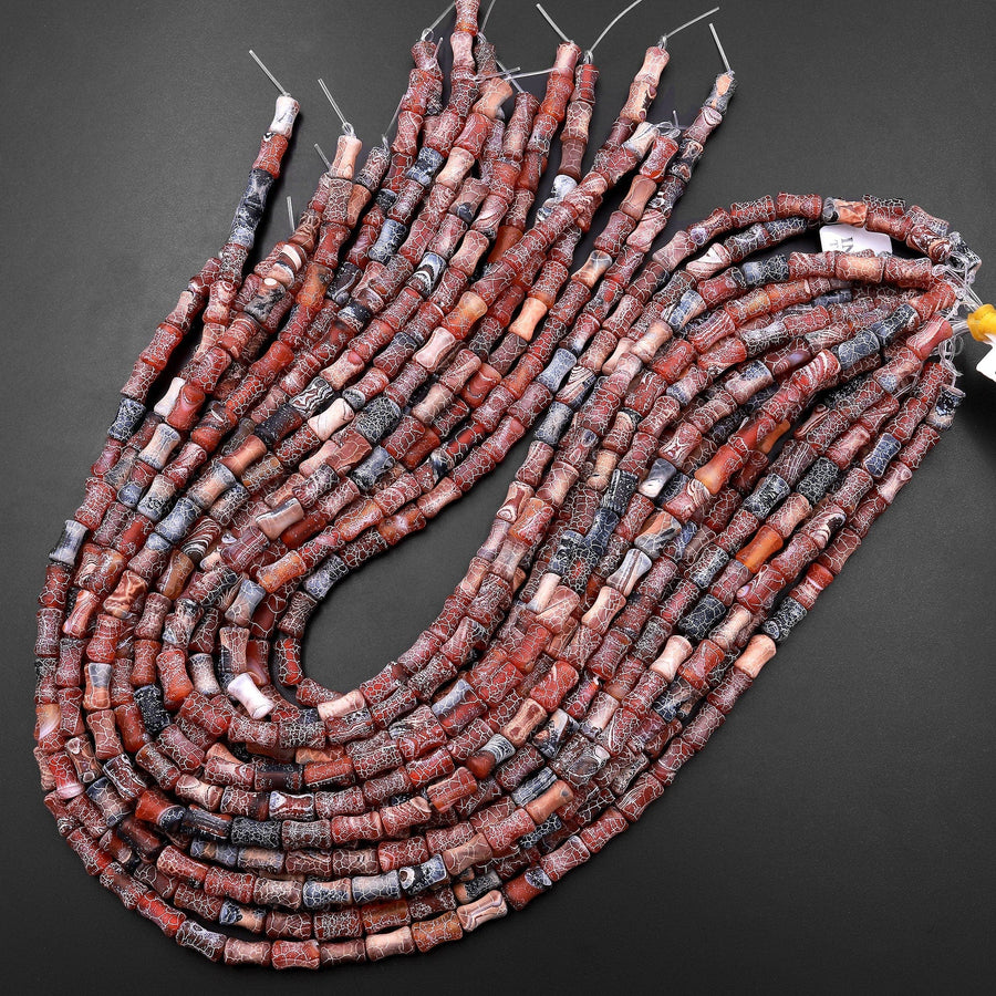 Matte Tibetan Red Black Fire Agate Bamboo Stem Tube Beads 15" Strand