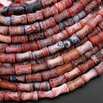 Matte Tibetan Red Black Fire Agate Bamboo Stem Tube Beads 15" Strand