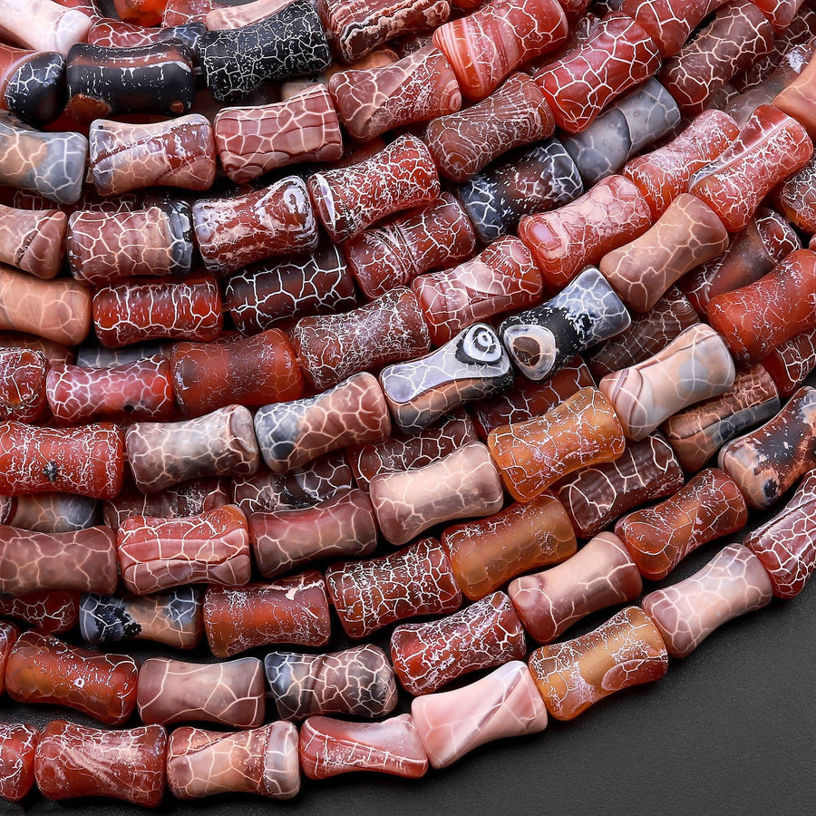 Matte Tibetan Red Black Fire Agate Bamboo Stem Tube Beads 15" Strand