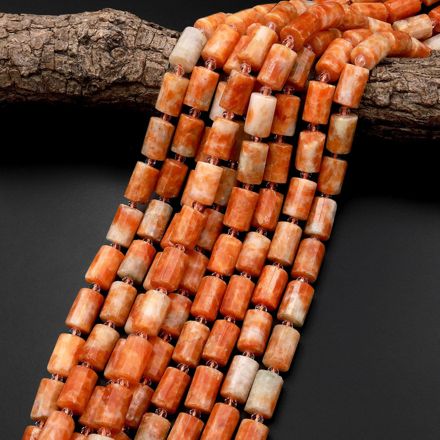 Genuine Natural Orange Calcite Beads Faceted Gemstone Tube Cylinder 15.5" Strand