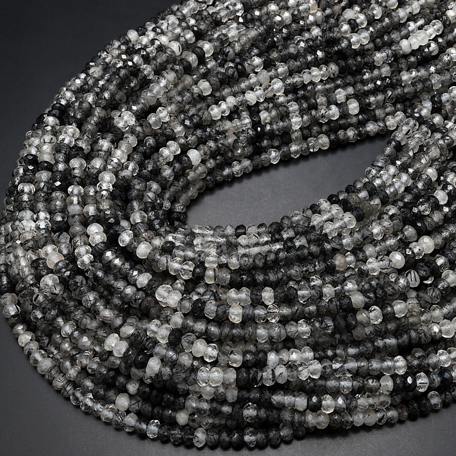 Natural Black Tourmaline Rutilated Rutile Quartz 4mm Faceted Rondelle Beads Gemstone 15.5" Strand