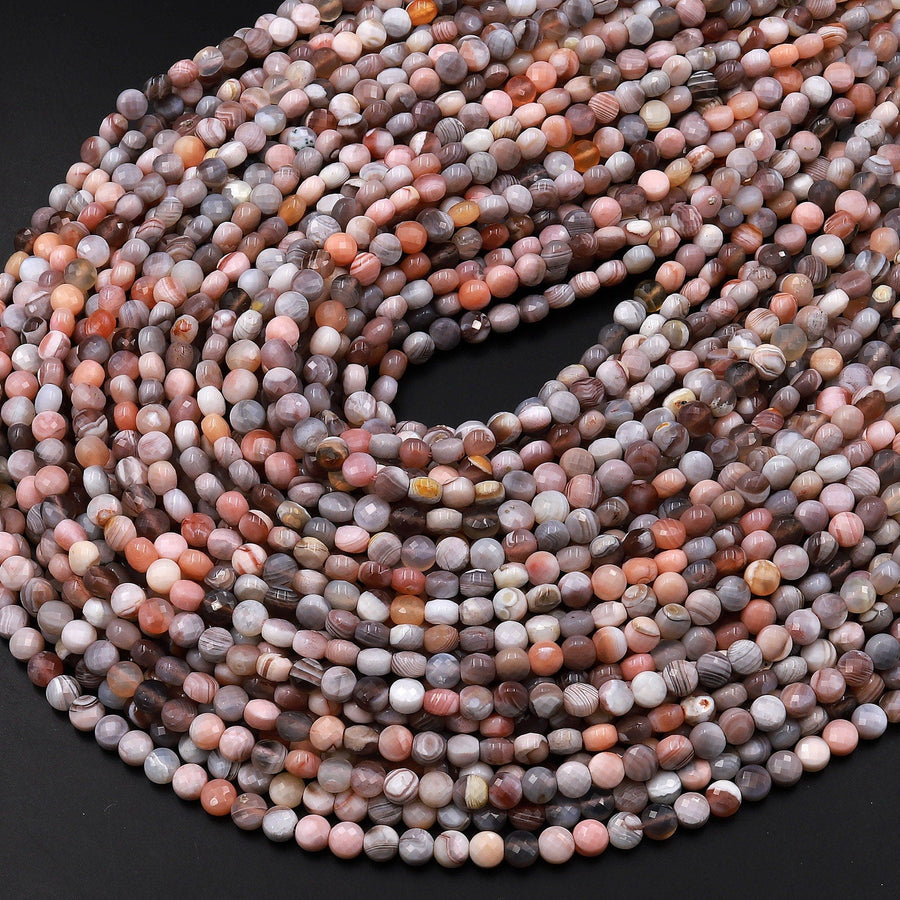 Faceted Natural Peach Botswana Agate 4mm Coin Beads Salmon Peach Pink Gemstone 15.5" Strand