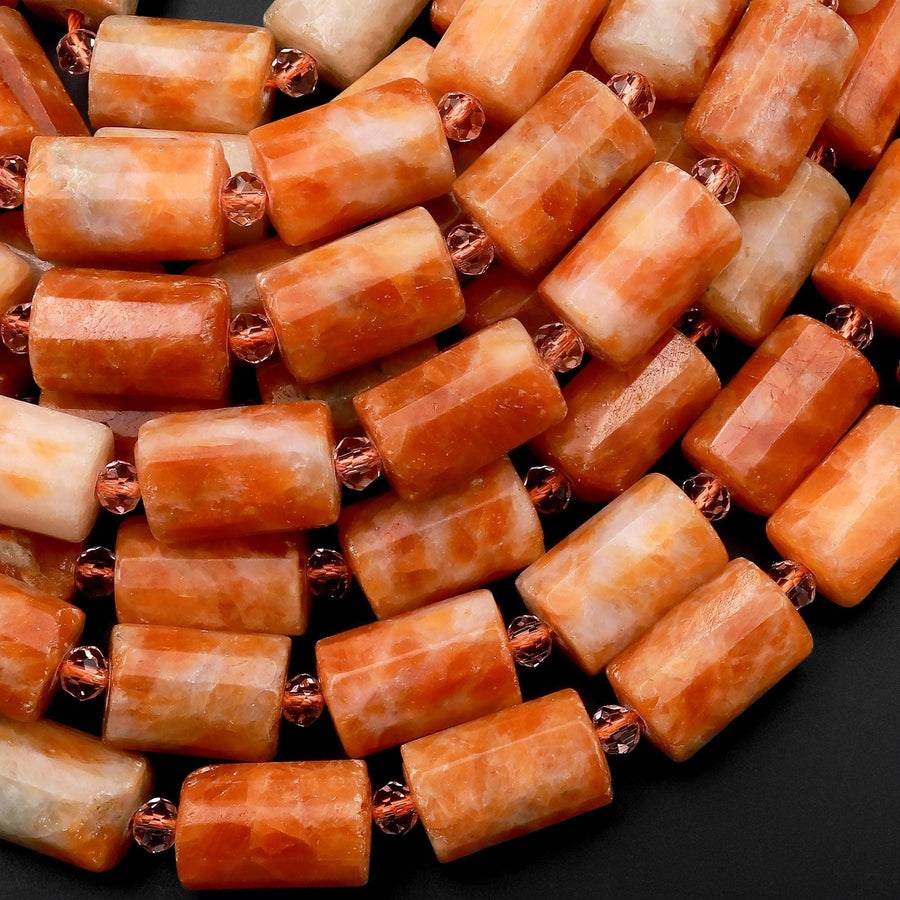 Genuine Natural Orange Calcite Beads Faceted Gemstone Tube Cylinder 15.5" Strand