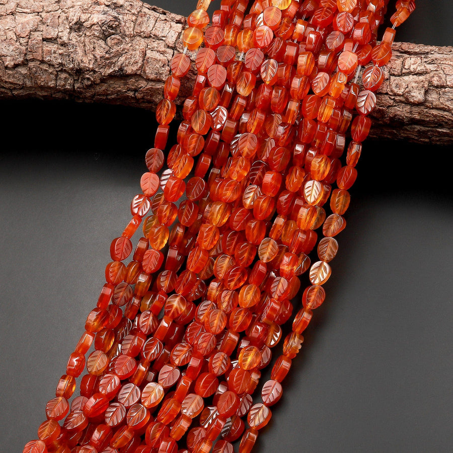 Natural Orange Red Carnelian Hand Carved Leaf Gemstone Beads 15.5" Strand