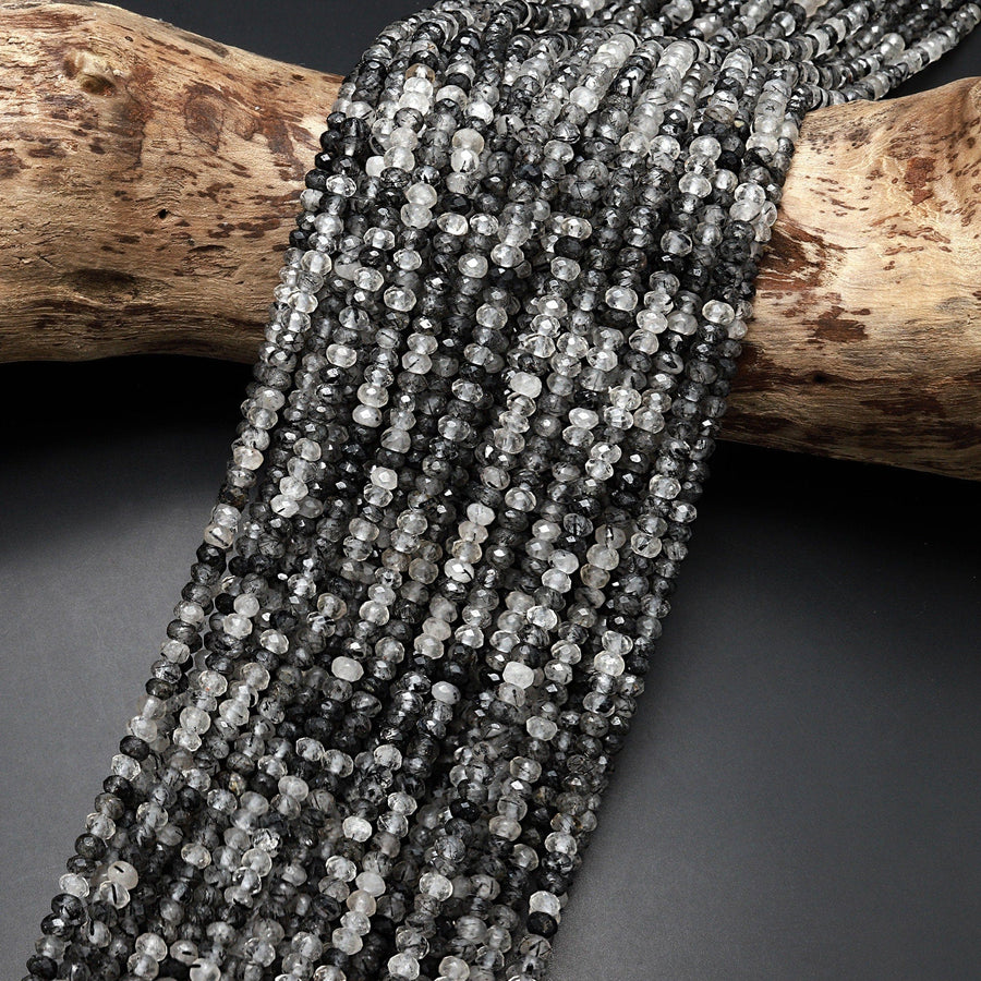 Natural Black Tourmaline Rutilated Rutile Quartz 4mm Faceted Rondelle Beads Gemstone 15.5" Strand