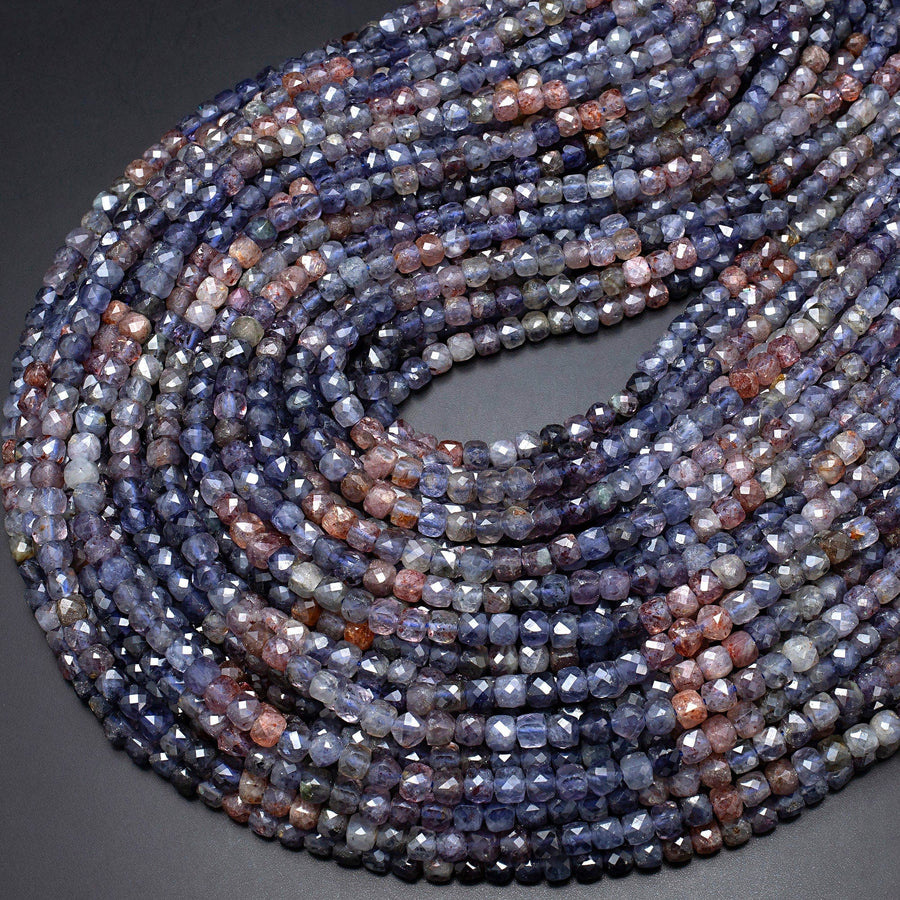 Rare Natural Sunstone Iolite Faceted 4mm Cube Beads 15.5" Strand