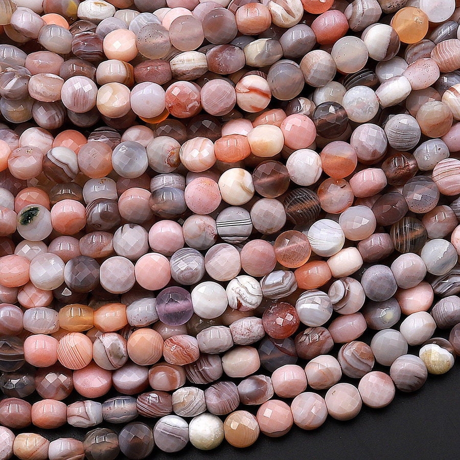 Faceted Natural Peach Botswana Agate 4mm Coin Beads Salmon Peach Pink Gemstone 15.5" Strand