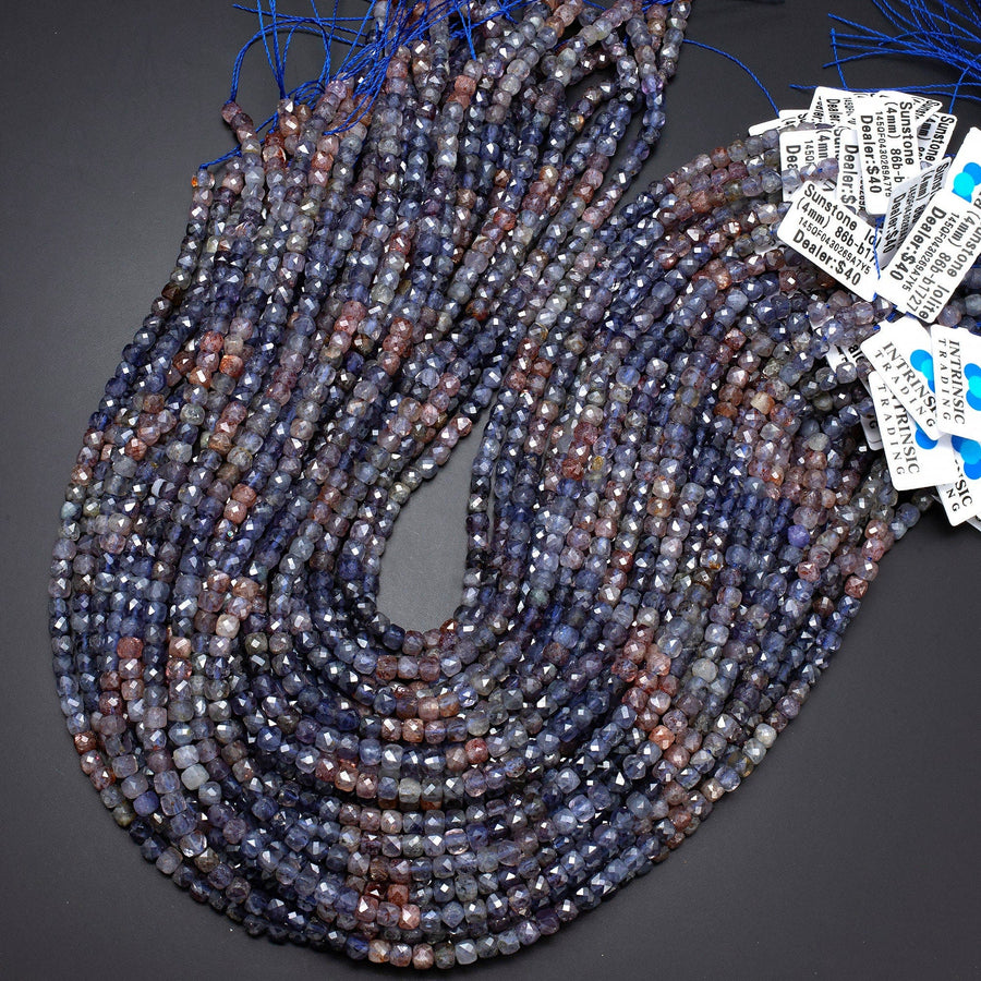 Rare Natural Sunstone Iolite Faceted 4mm Cube Beads 15.5" Strand