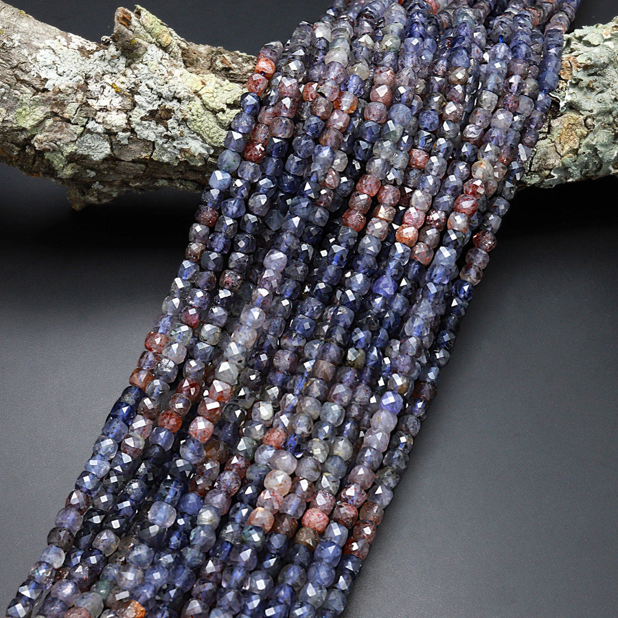 Rare Natural Sunstone Iolite Faceted 4mm Cube Beads 15.5" Strand