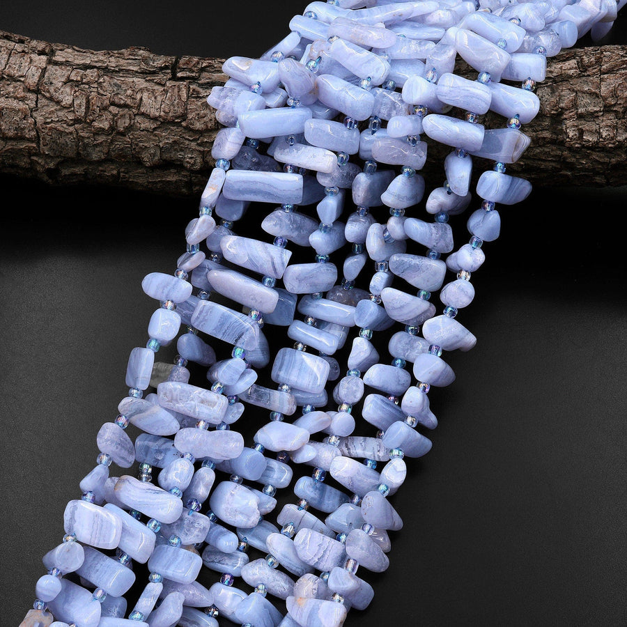 Freeform Natural Blue Lace Agate Spike Slice Beads Side Drilled Freeform Rectangle 15.5" Strand