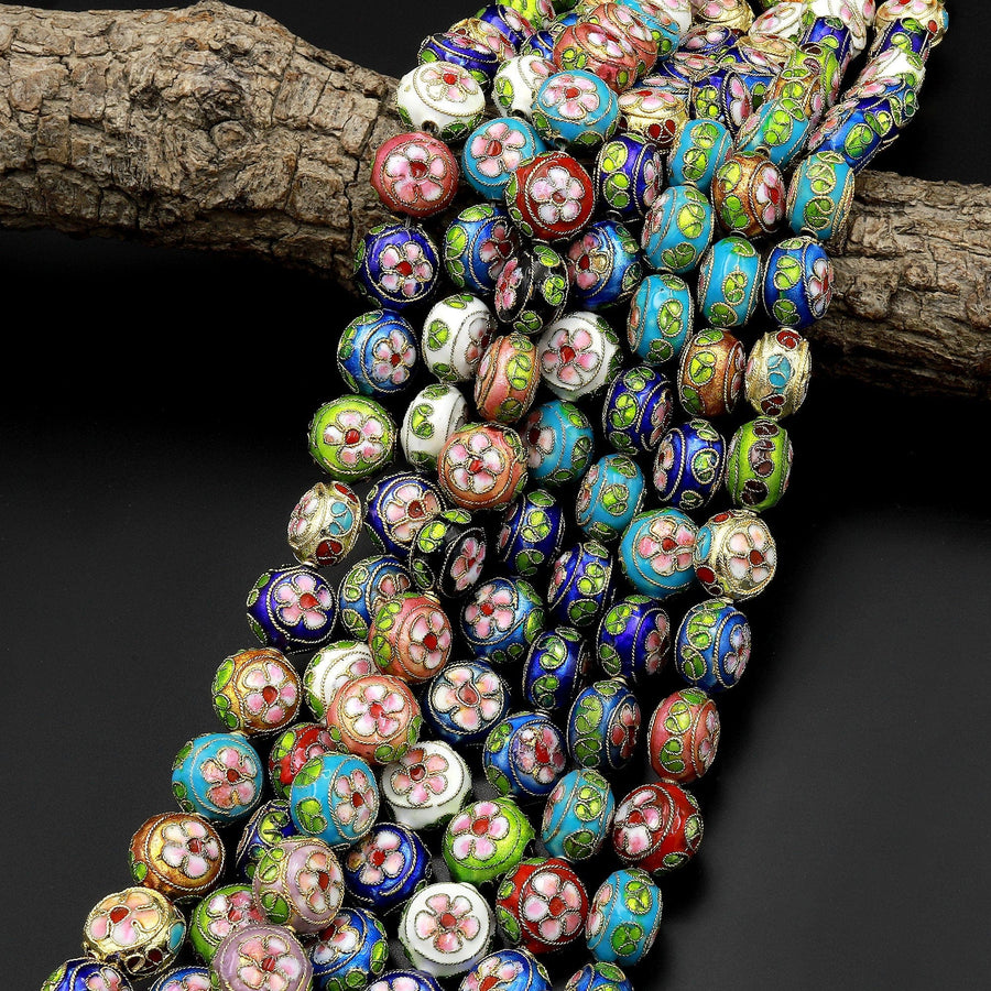 Hand Made Cloisonné Coin Beads 14mm Decorative Floral Copper Enamel 15.5" Strand