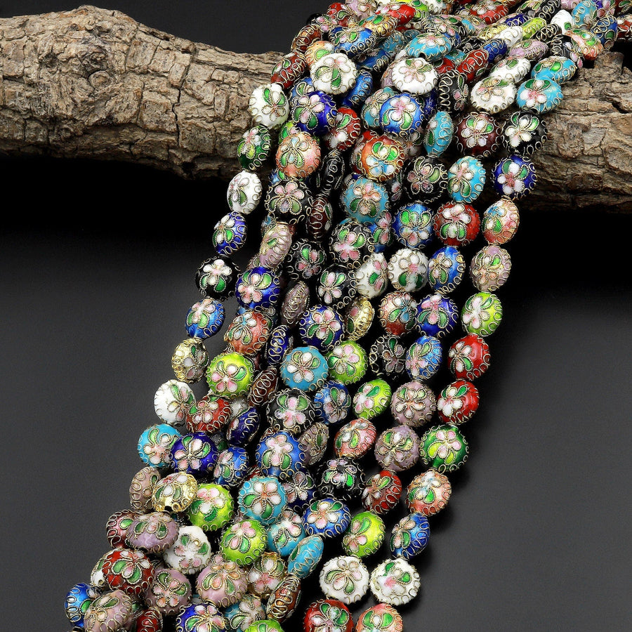 Hand Made Cloisonné Coin Beads 12mm Decorative Floral Copper Enamel 15.5" Strand