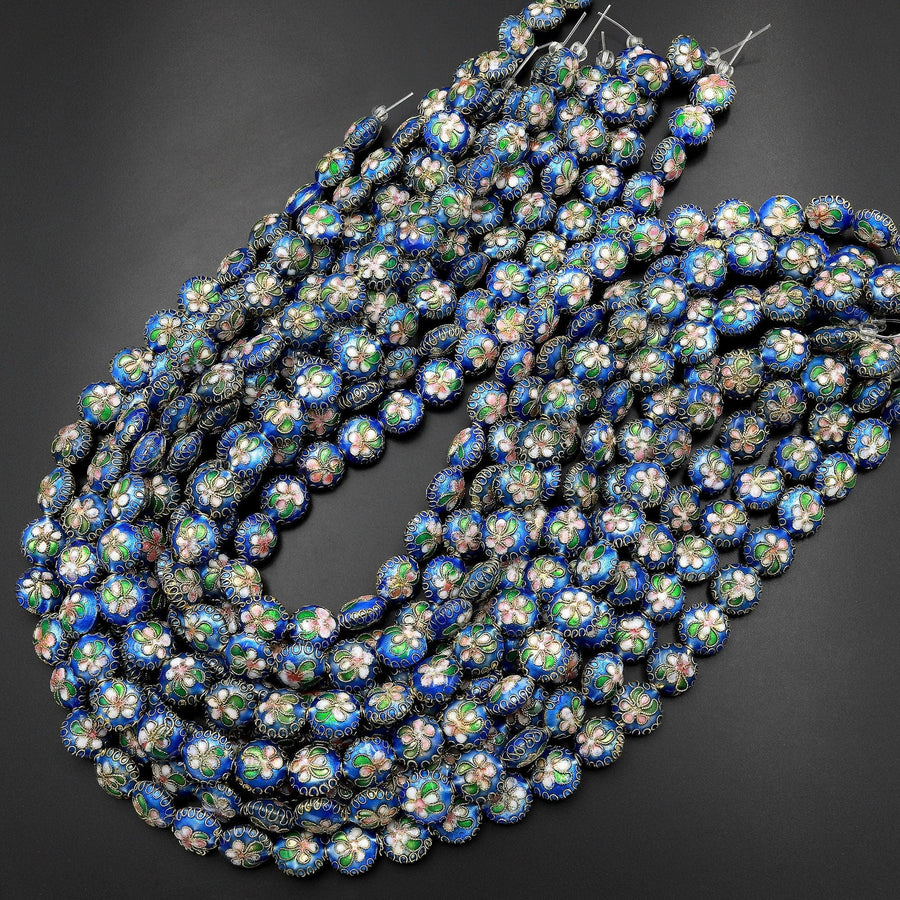 Hand Made Blue Cloisonné Coin Beads 12mm Decorative Floral Enamel 15.5" Strand
