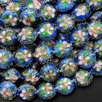Hand Made Blue Cloisonné Coin Beads 12mm Decorative Floral Enamel 15.5" Strand