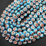 Blue Pink Cloisonné Coin Beads 14mm Decorative Floral Copper Enamel 15.5" Strand