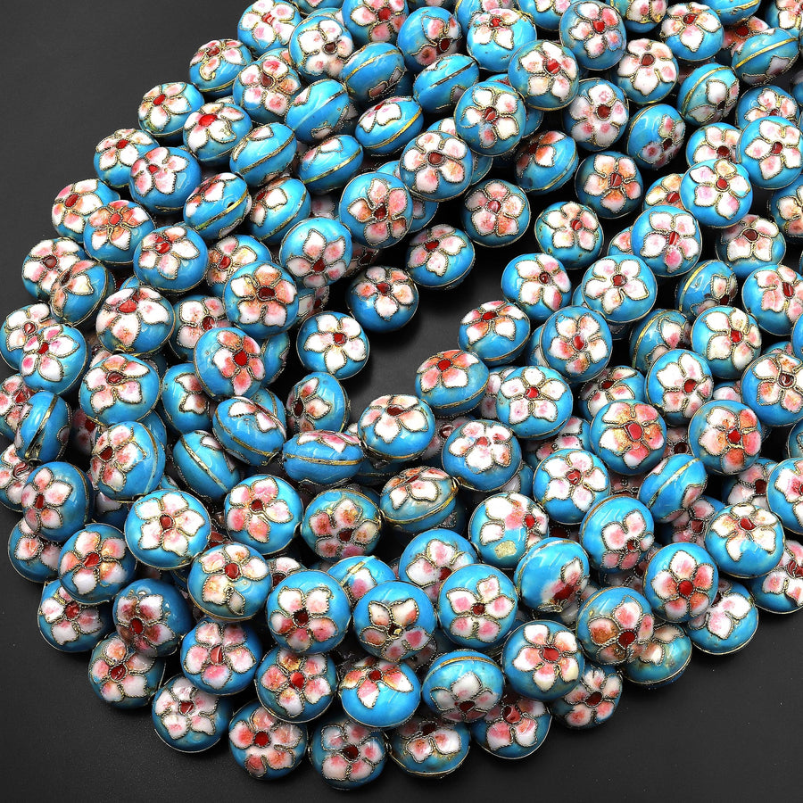 Blue Pink Cloisonné Coin Beads 14mm Decorative Floral Copper Enamel 15.5" Strand