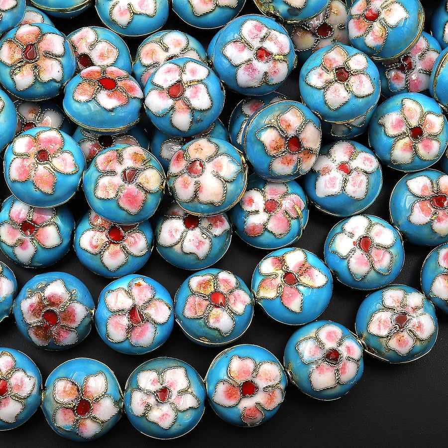 Blue Pink Cloisonné Coin Beads 14mm Decorative Floral Copper Enamel 15.5" Strand