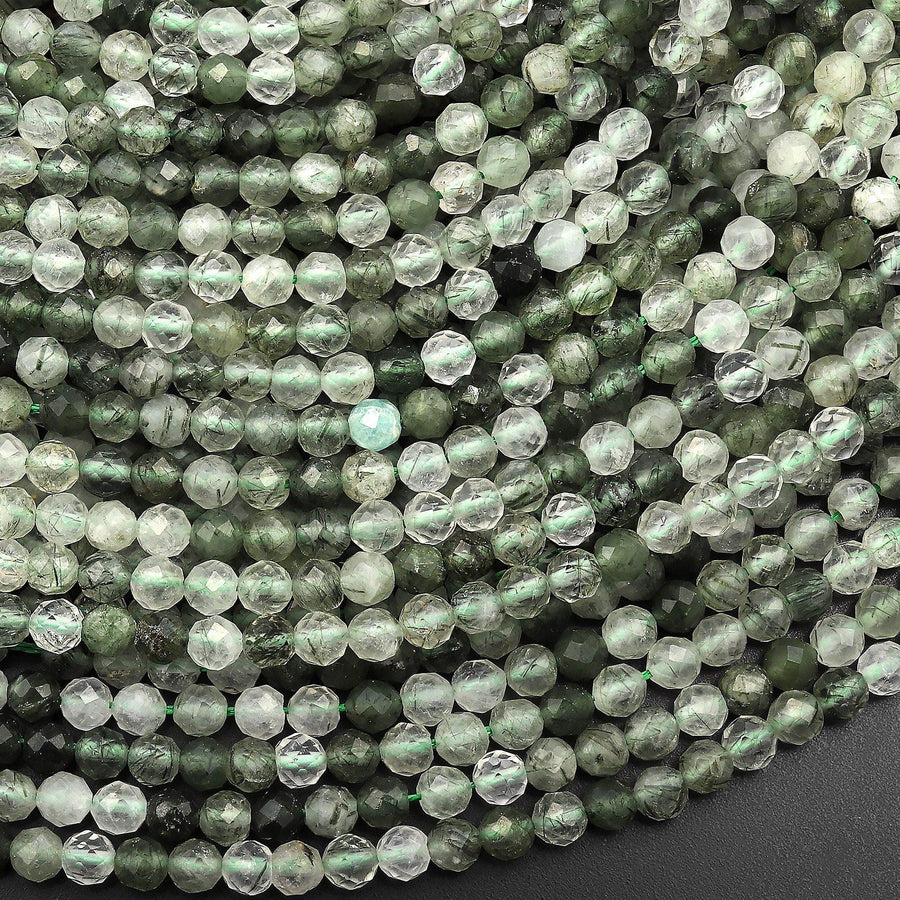 Faceted Natural Green Tourmaline Rutile Quartz 3mm 4mm Round Beads 15.5" Strand