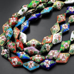 Hand Made Cloisonné Diamond Beads 20mm Decorative Floral Enamel 15.5" Strand