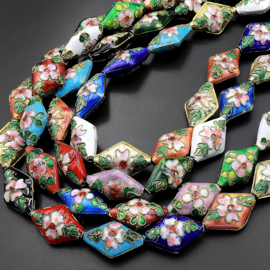Hand Made Cloisonné Diamond Beads 20mm Decorative Floral Enamel 15.5" Strand