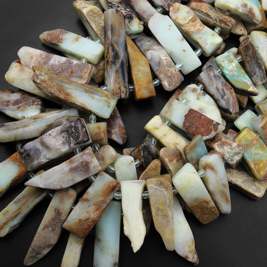 Natural Peruvian Blue Opal Freeform Rectangle Beads Spike Cleopatra Style Fan Shaped 15.5" Strand